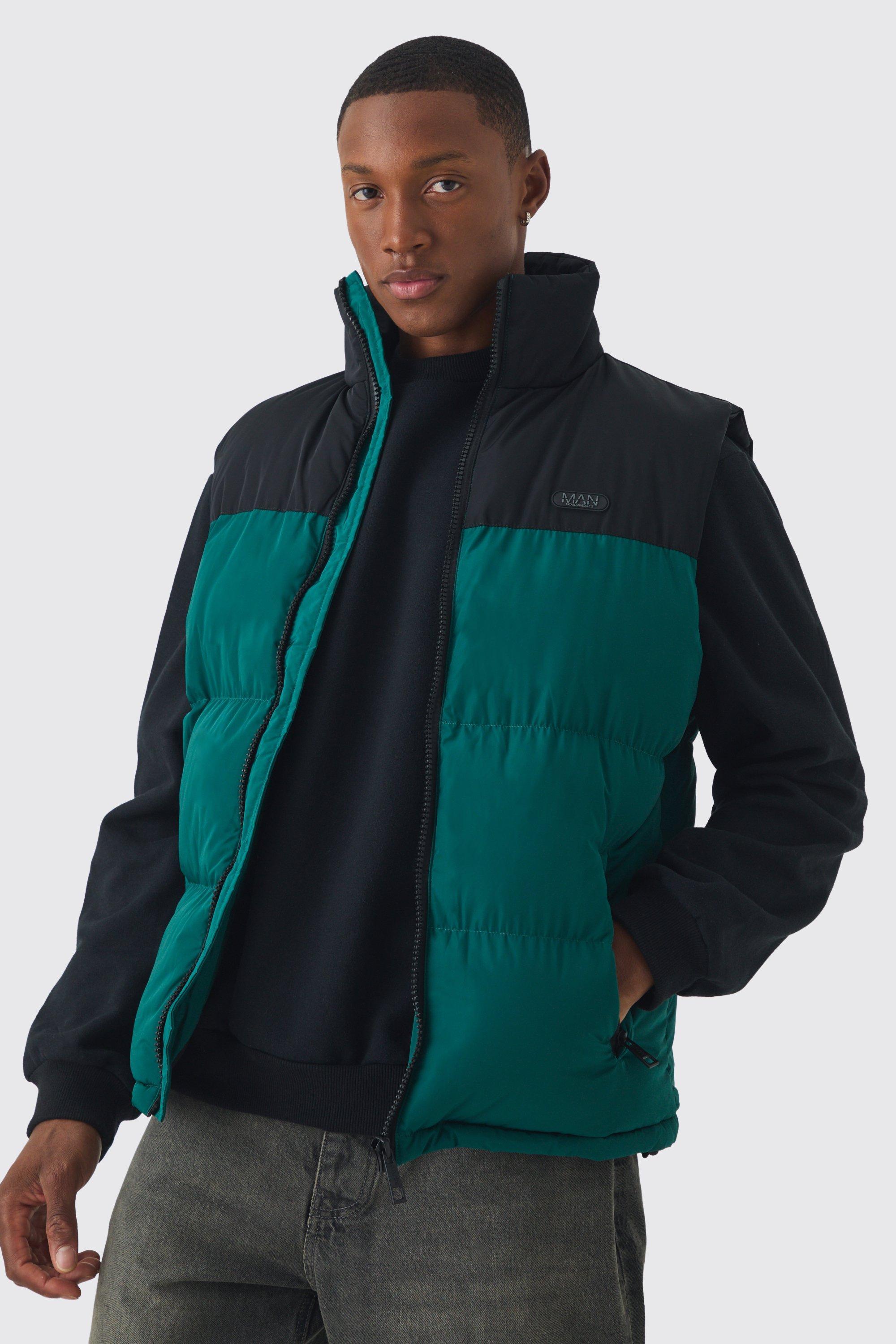 Man Tab Colour Block Puffer Funnel Neck Vest In Green | boohooMAN USA Product Image