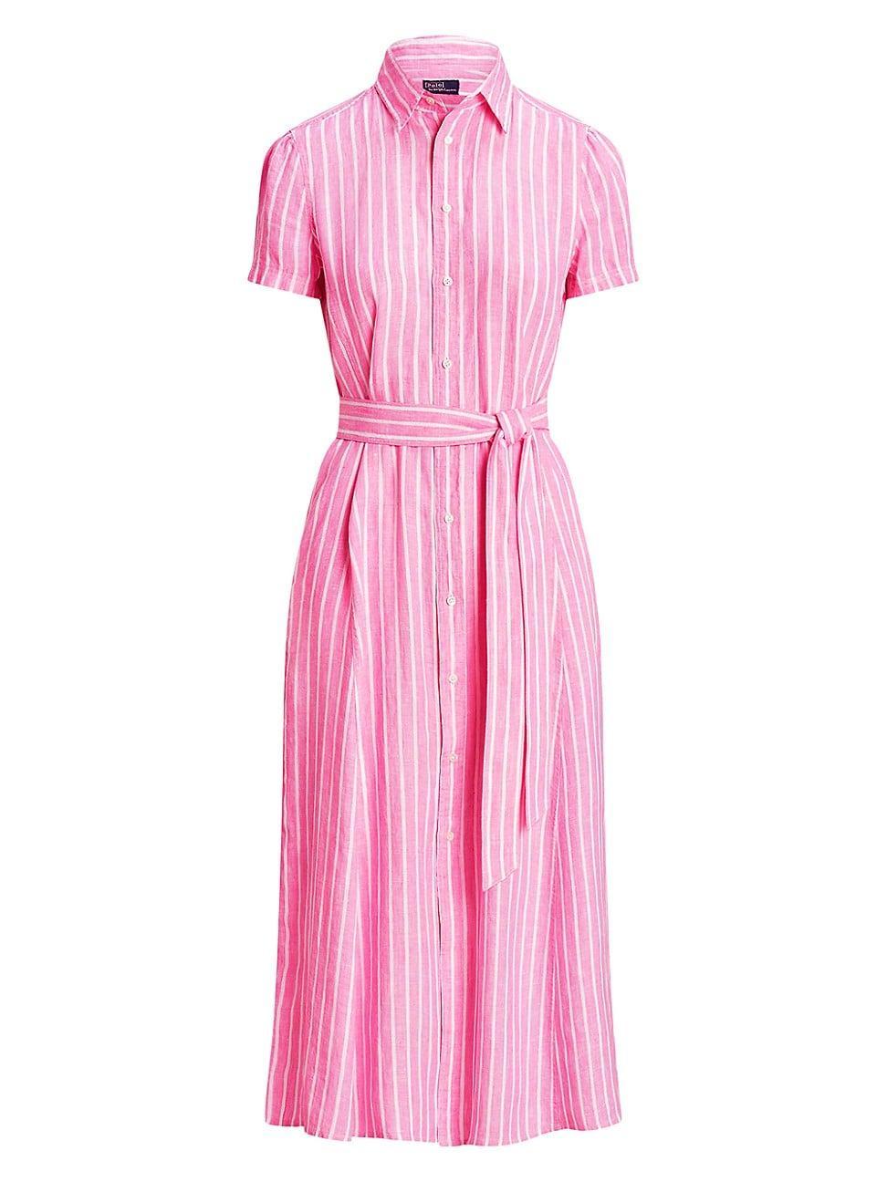 Womens Striped Linen Self-Tie Shirtdress Product Image