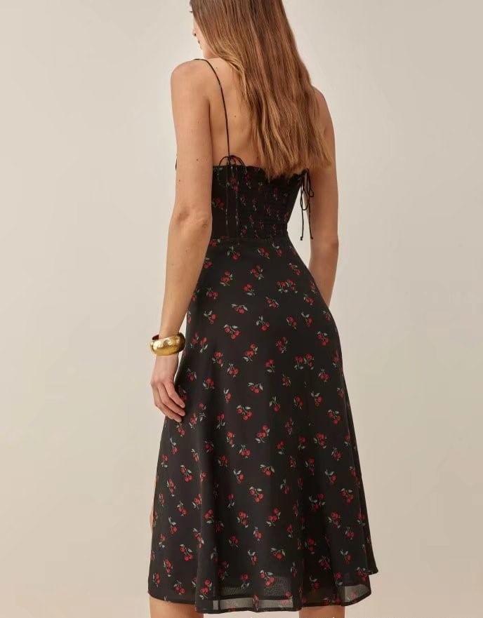 Spaghetti Strap Patterned Print Slit Midi A-Line Dress Product Image