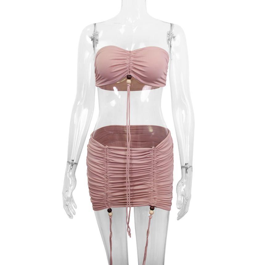 Set: Plain Drawstring Ruched Beaded Crop Tube Top + Low Waist Mini Pencil Skirt Product Image