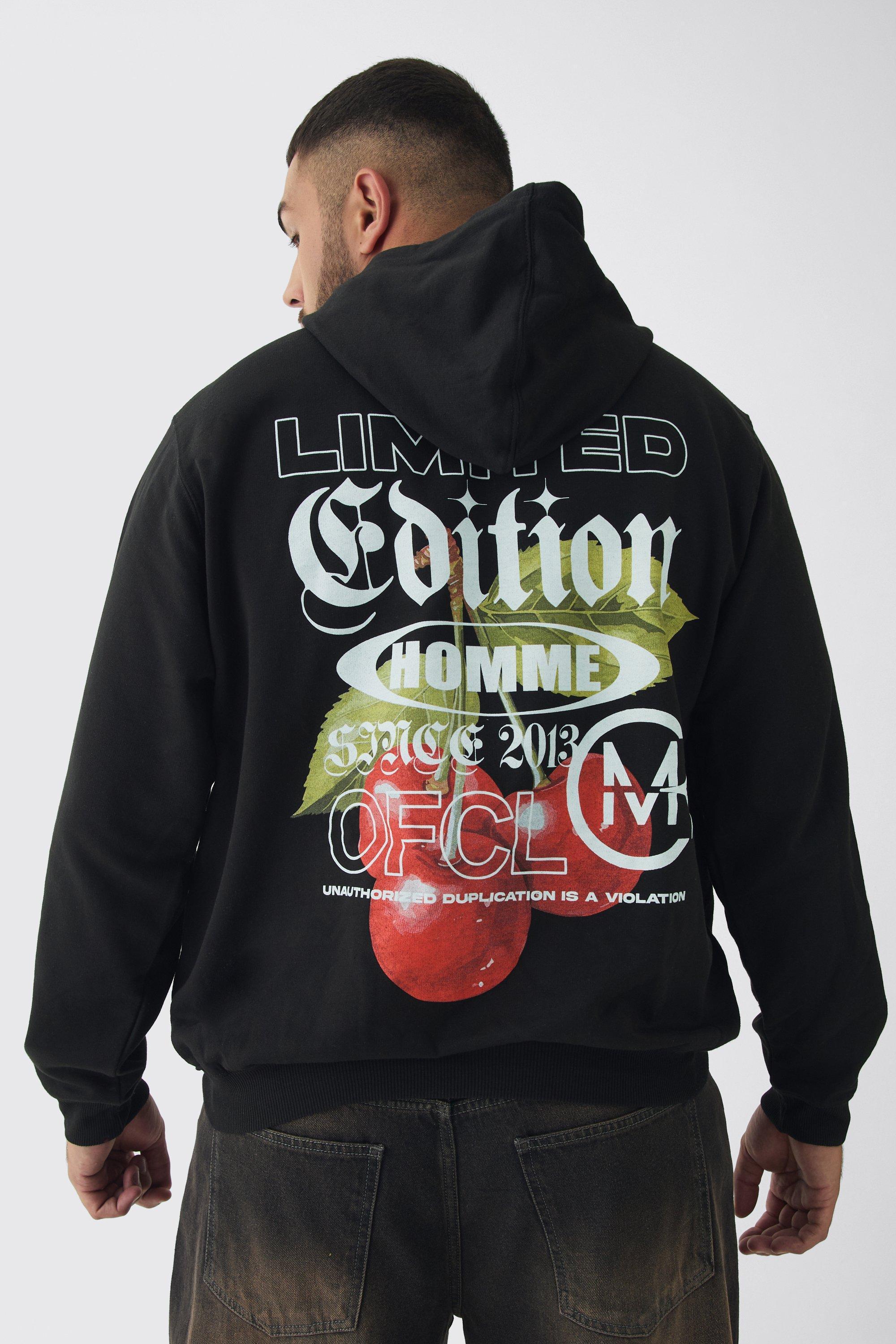 Plus Cherry Graphic Back Print Oversized Hoodie | boohooMAN USA Product Image