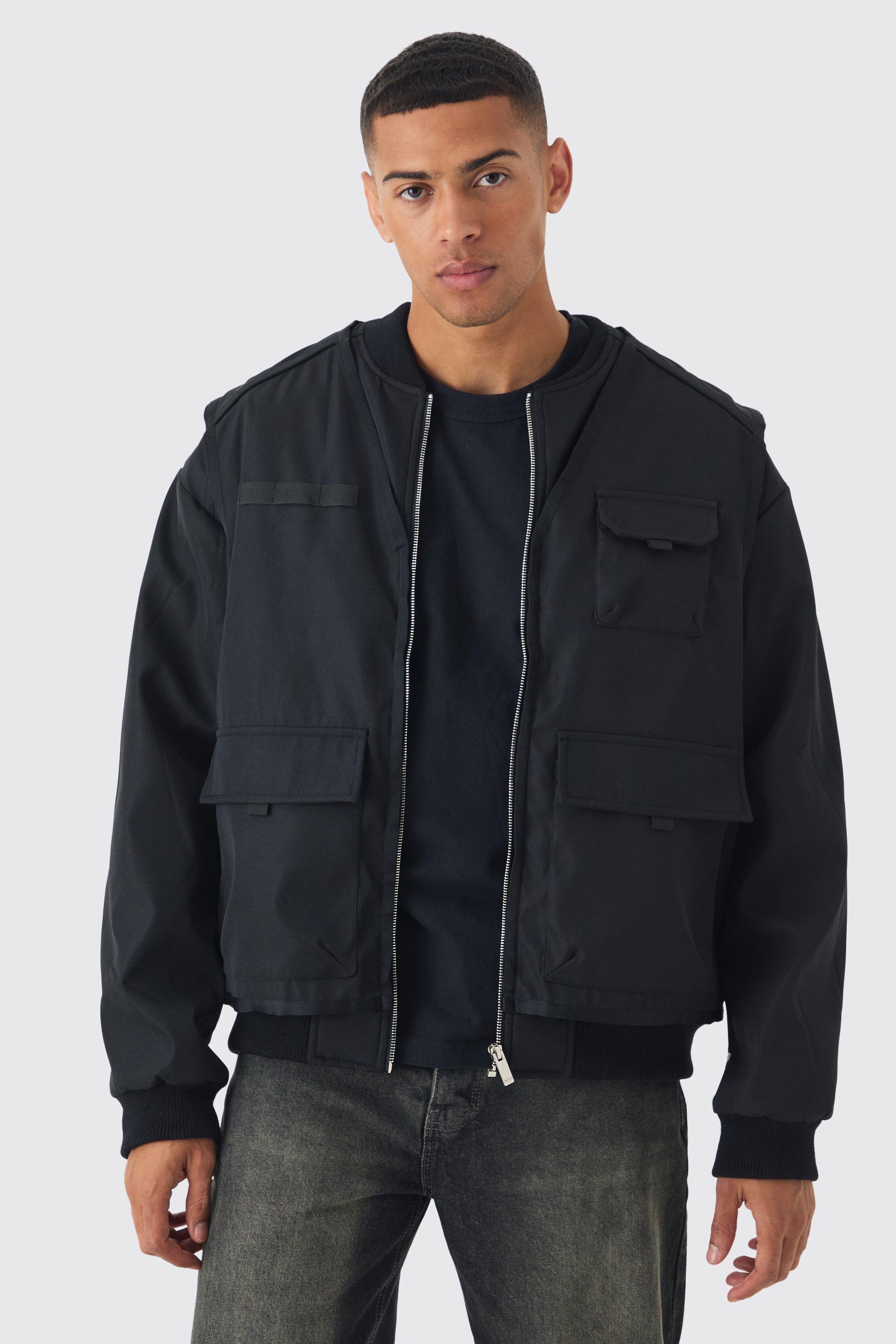 Faux Layer Utility Vest Bomber In Black | boohooMAN USA Product Image