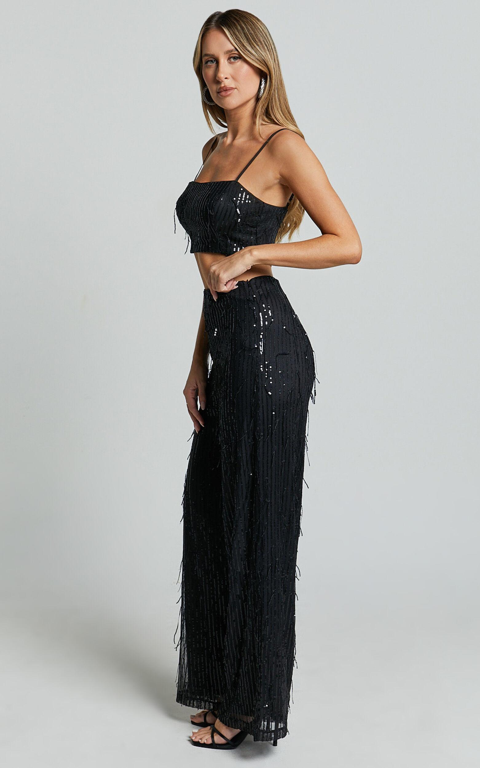 Claudette Pants - High Waist Wide Leg Fringe Sequin Pants in Black Product Image