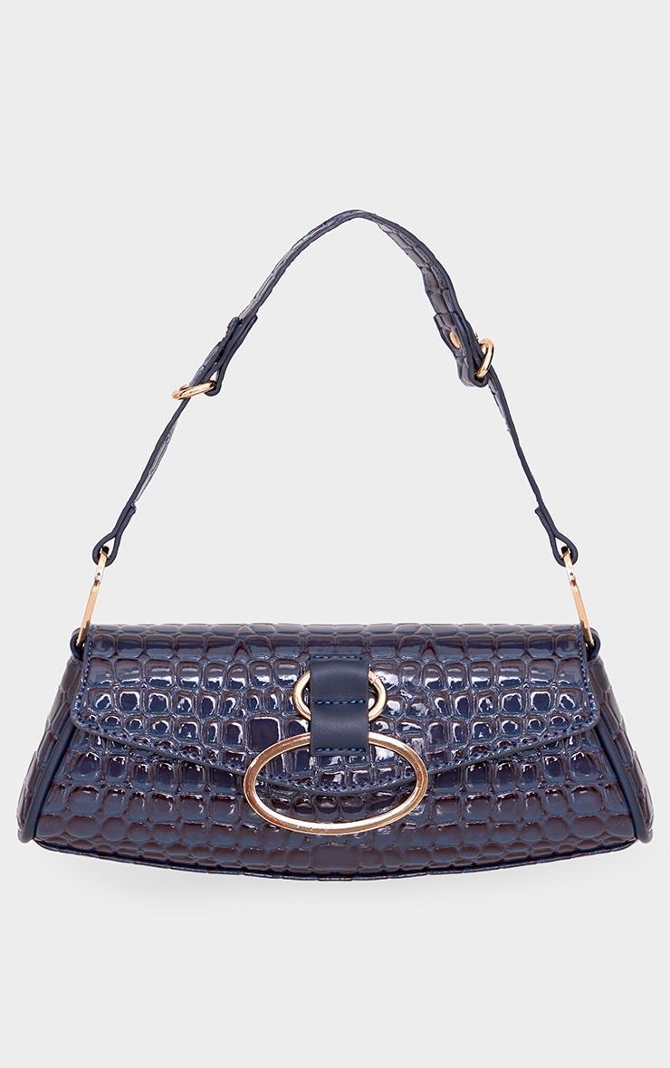 Navy Vinyl Link Croc Print Shoulder Bag Product Image