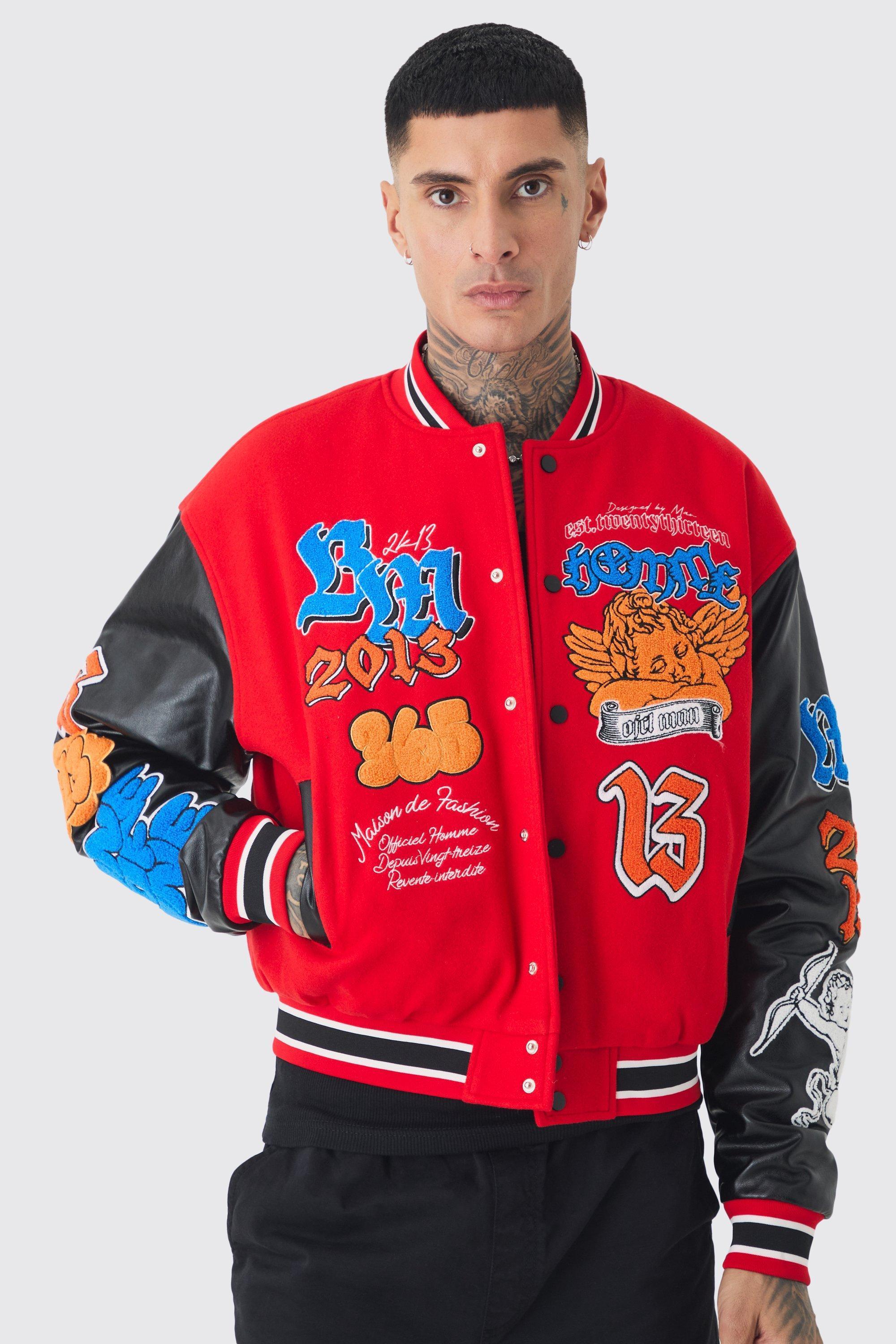 Tall Boxy Homme Badge PU Sleeve Varsity Jacket In Red | boohooMAN USA Product Image