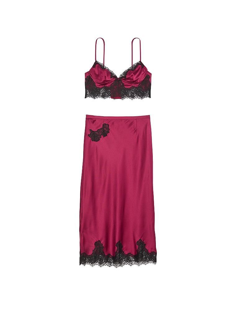 Satin Rose Lace-Trim Bralette & Midi Skirt Set Product Image