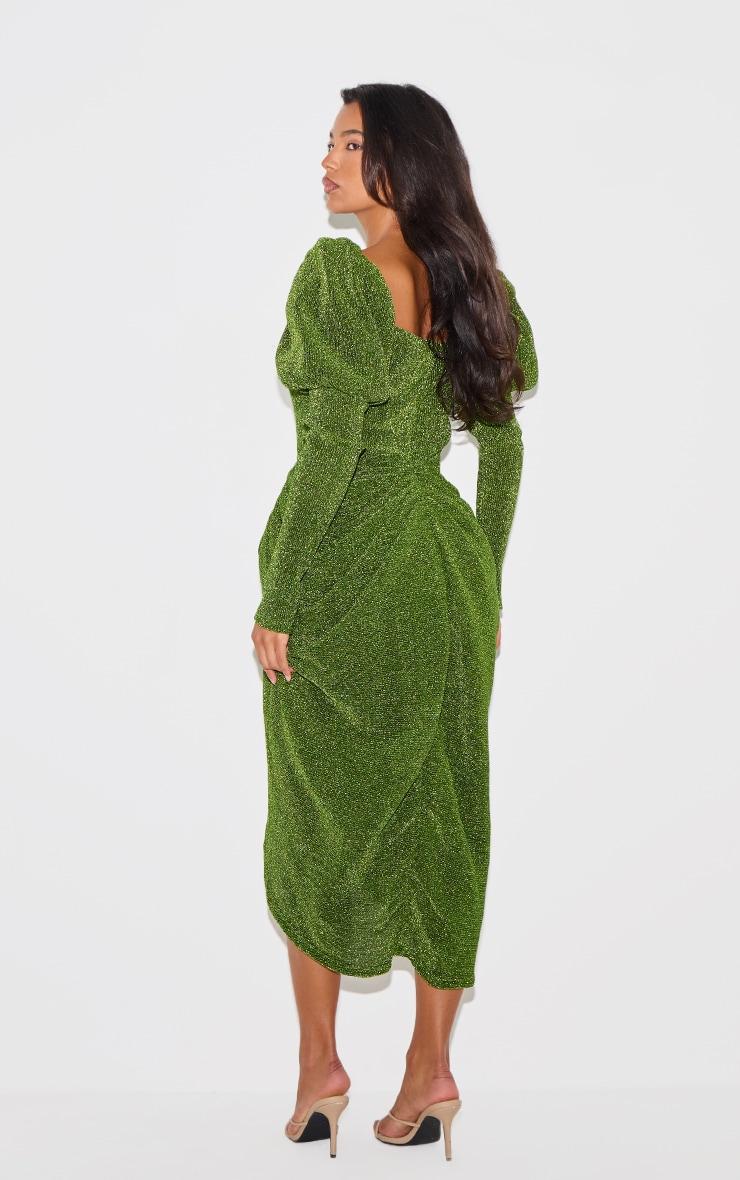 Green Glitter Plisse Puff Sleeve V Bar Draped Midi Dress Product Image