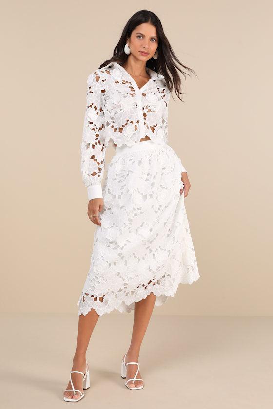 Ottis White Laser-Cut Floral High-Rise Midi Skirt product image