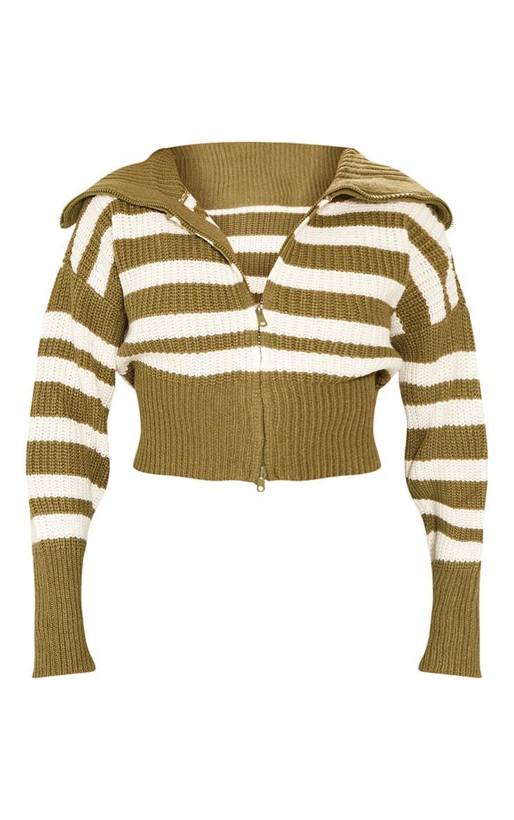 Olive Long Sleeve Stripe Detail Zip Cardigan Product Image