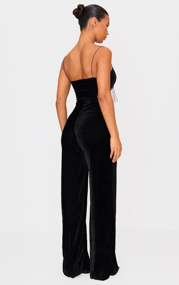 Black Velvet Diamante Tassel Cut Out Strappy Jumpsuit Product Image