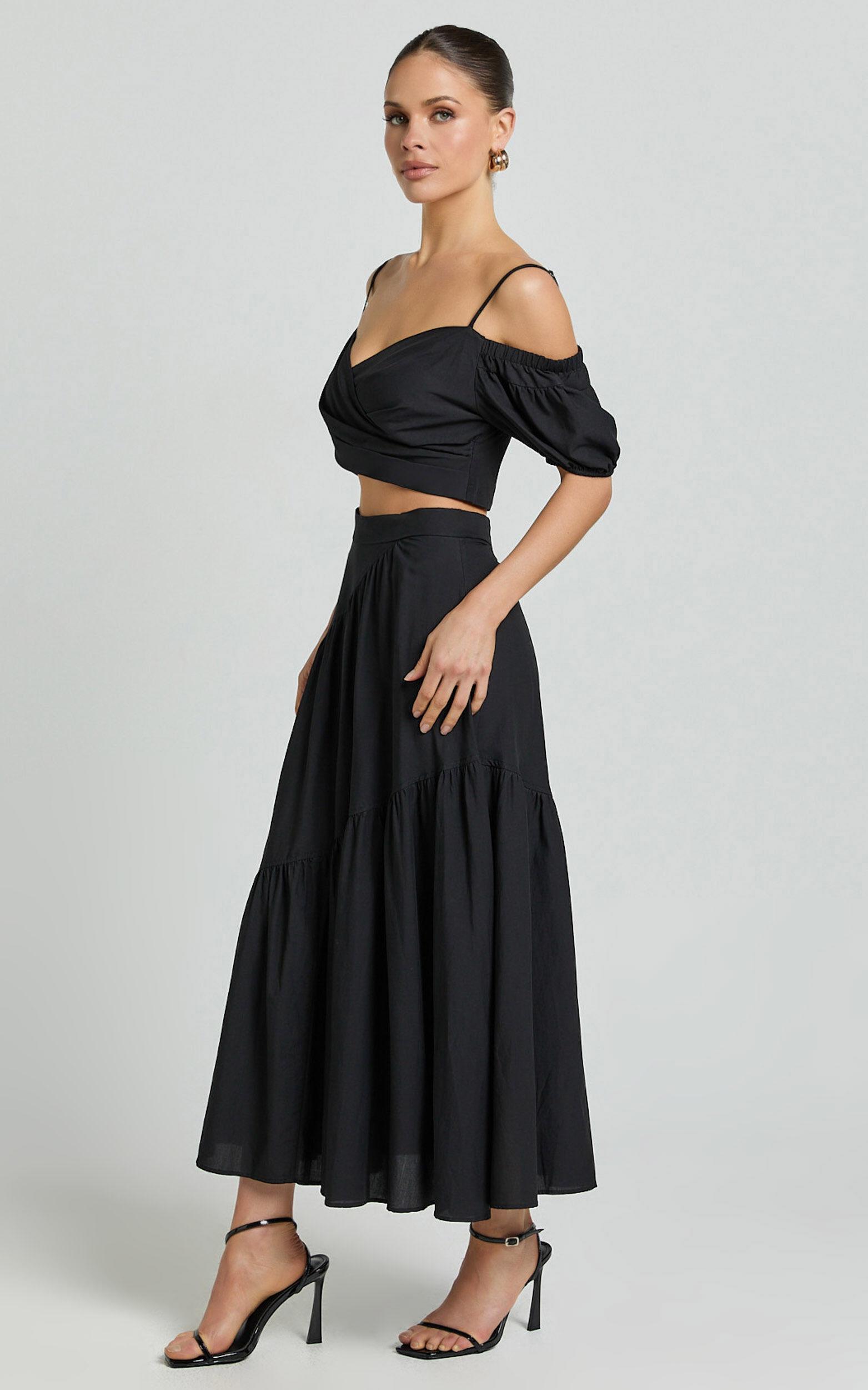 Bella Top - Off Shoulder Cross Over Puff Sleeve Crop Top in Black Product Image