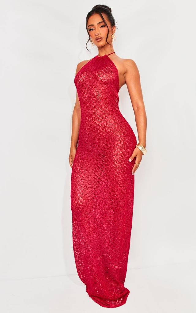 Petite Red Knitted Multi Sequin Open Back Maxi Dress Product Image