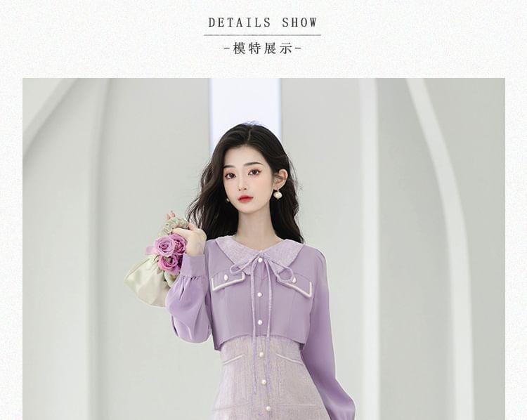 Long-Sleeve Collar Bow Midi A-Line Dress Product Image