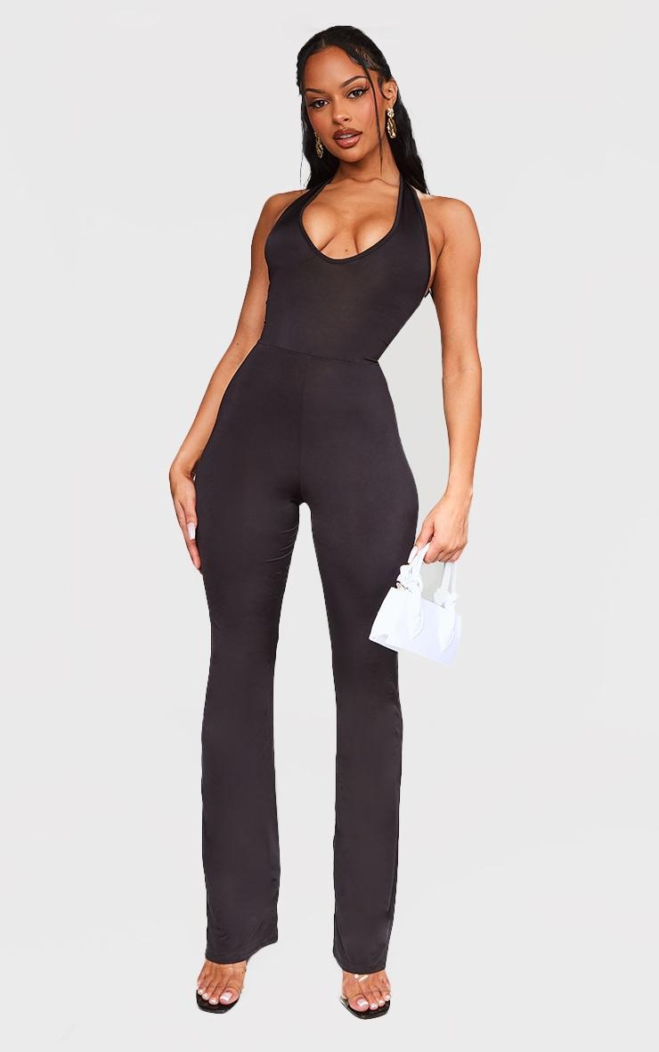 Black Slinky Knot Back Flared Jumpsuit Product Image