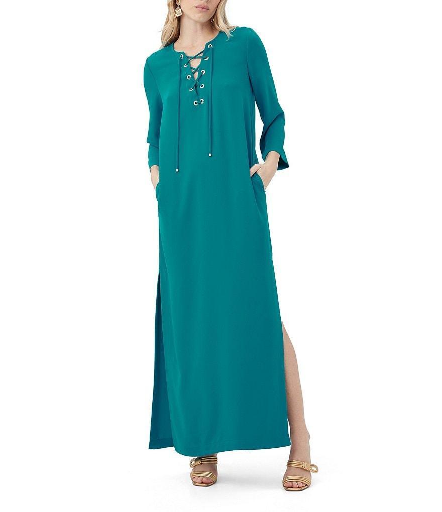 Trina Turk Catamaran Double Georgette V-Neck 3/4 Sleeve Grommet Lace-Up Shift Dress product image