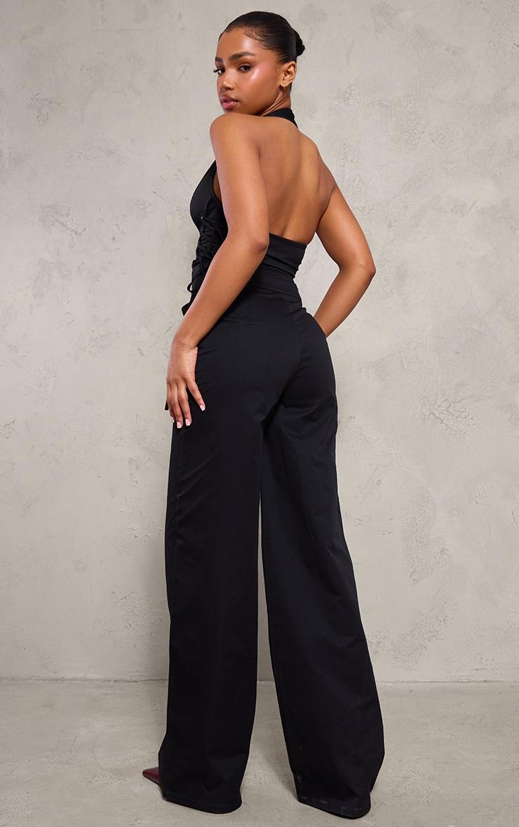 Black Woven Halter Zip Detail Lace Up Jumpsuit Product Image