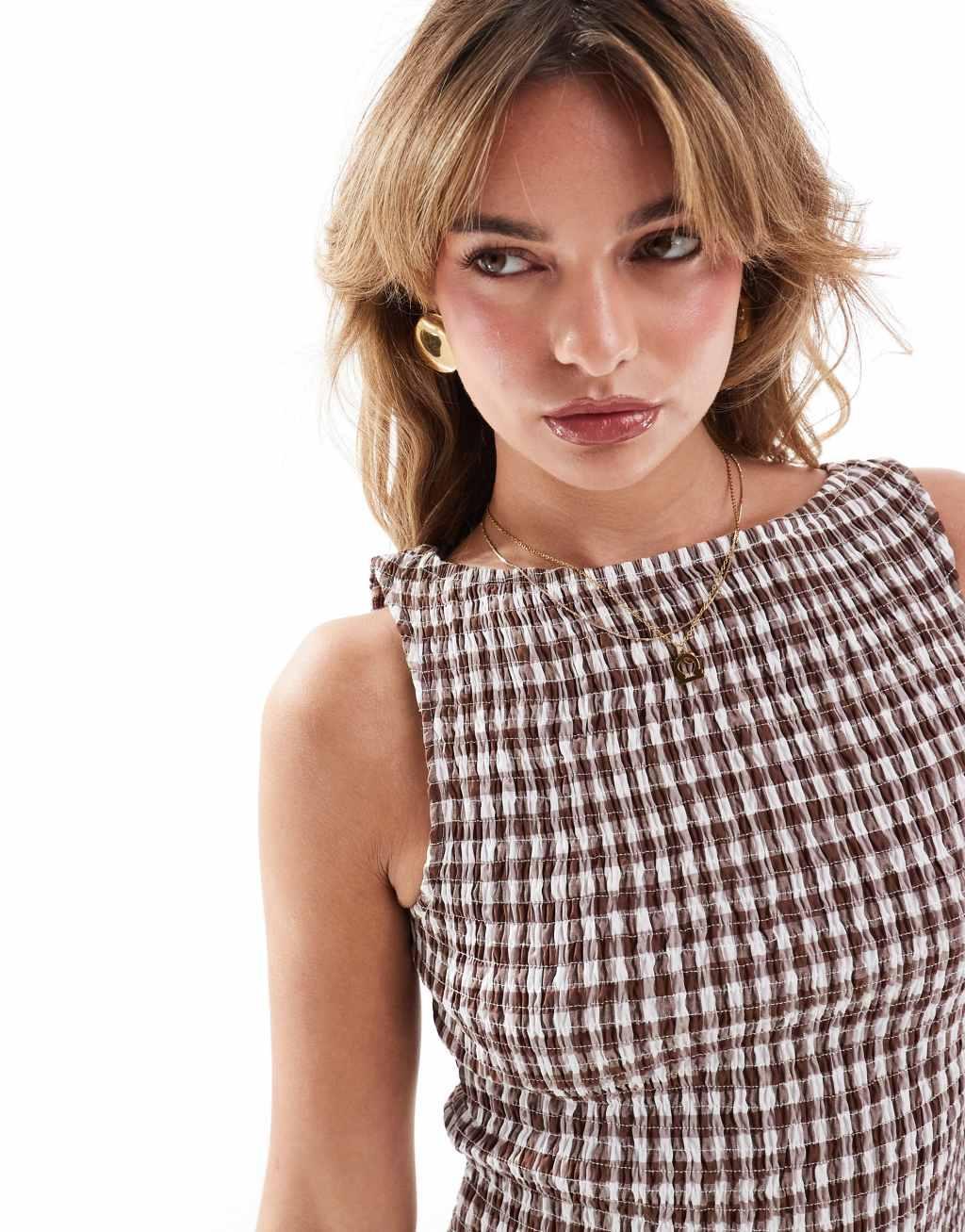 ASOS DESIGN shirred slash neck top in brown gingham - part of a set Product Image