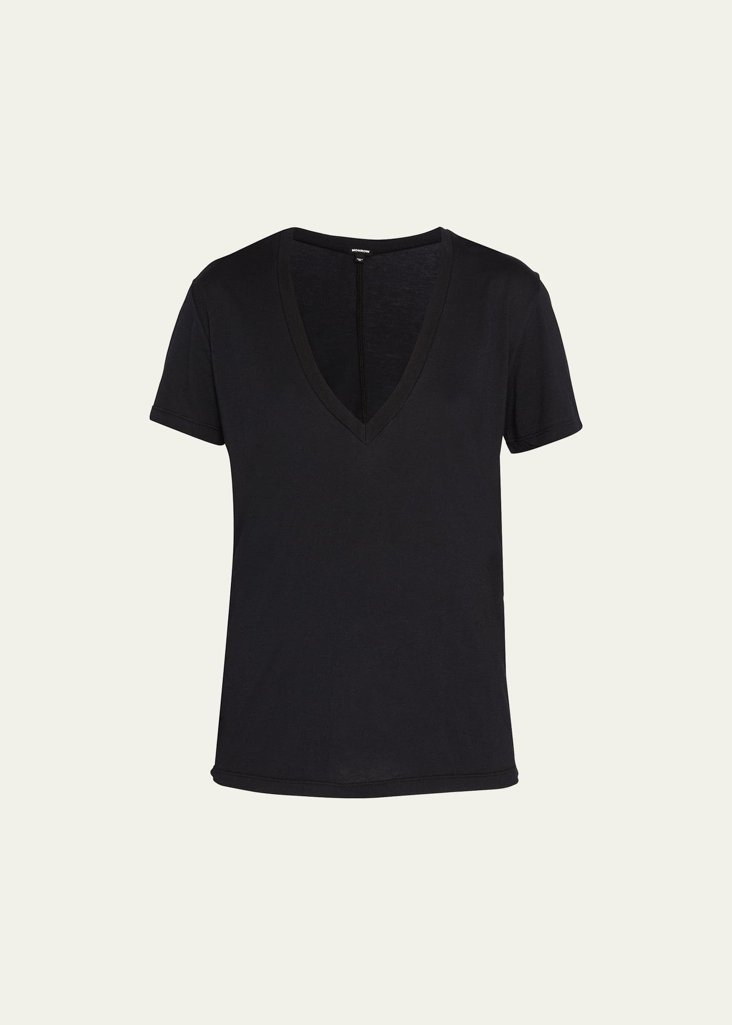 MONROW Relaxed V-Neck Tee (Black) Women's Clothing Product Image