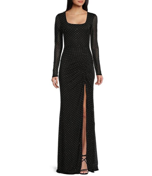 City Vibe Long Sleeve Square Neck Mesh With Studs Long Dress Product Image