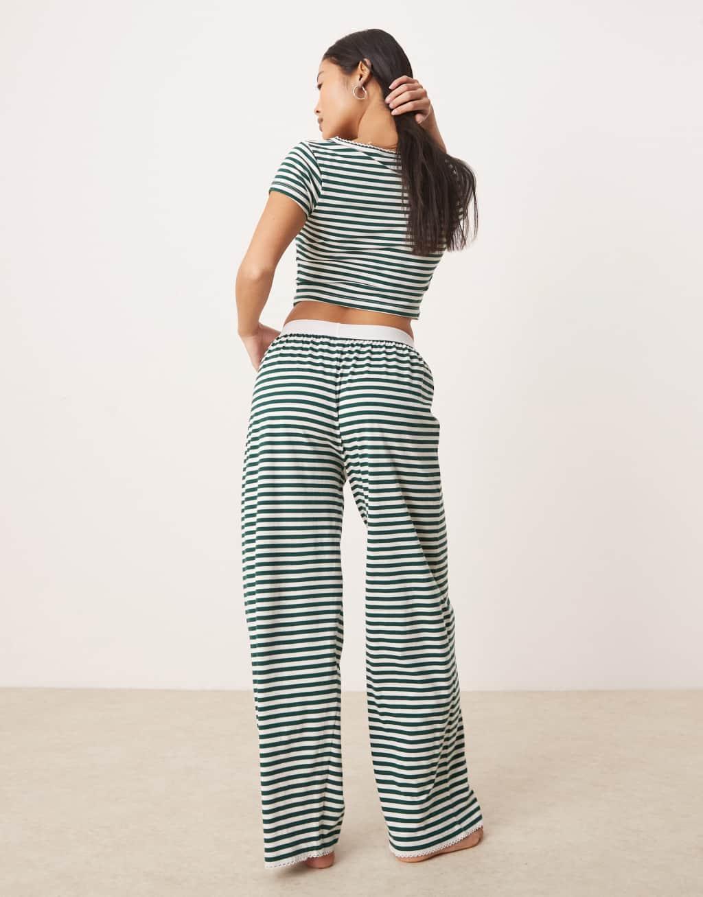 ASOS DESIGN Petite mix & match pajama pants with exposed waistband and picot trim in green stripe Product Image