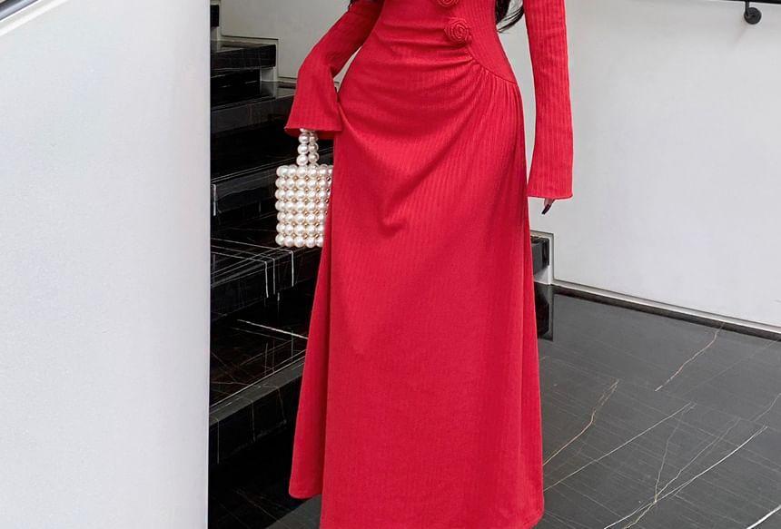 Long Sleeve V-Neck Plain Ruffle Trim A-Line Maxi Dress Product Image