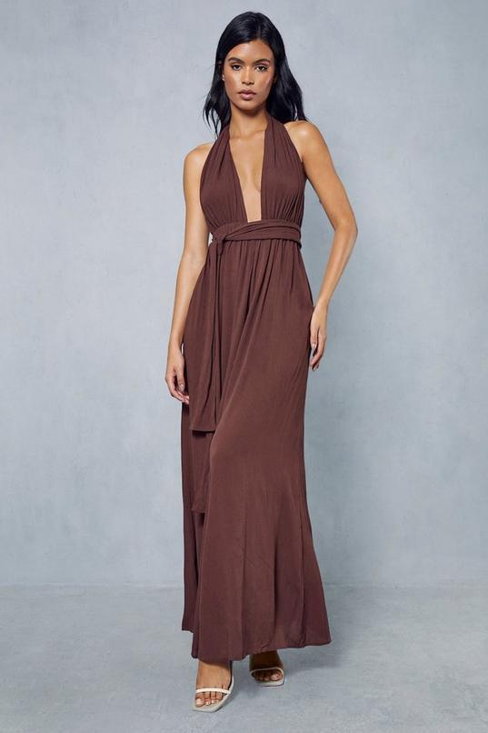 Crinkle Belted Waist Halterneck Backless Wide Leg Jumpsuit Product Image