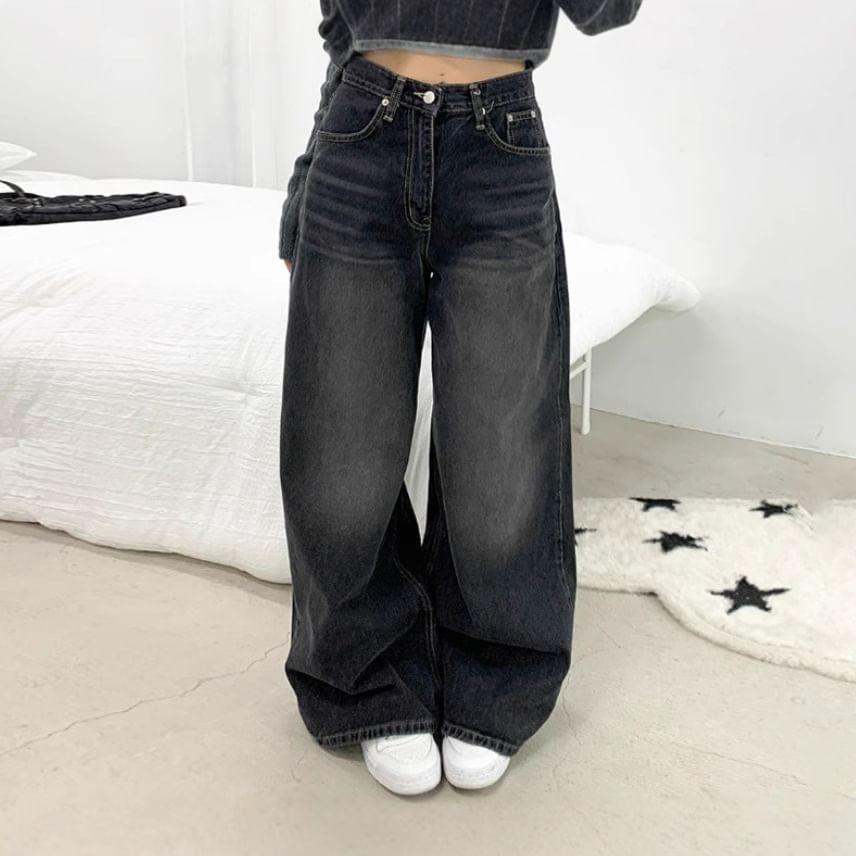 Mid Waist Bow Patterned Washed Wide Leg Jeans Product Image