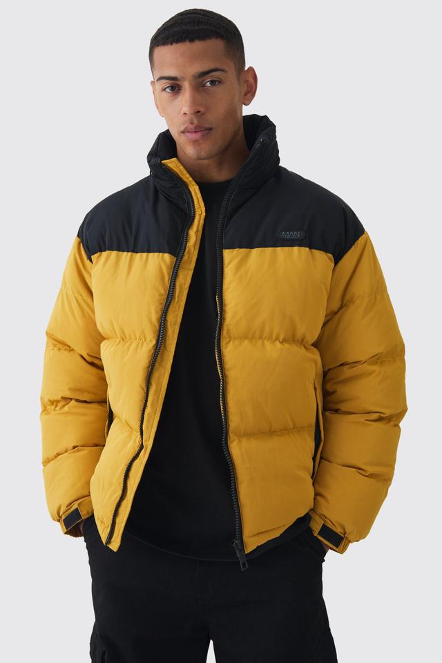 Man Tab Colour Block Concealed Hood Puffer Coat In Mustard | boohooMAN USA Product Image