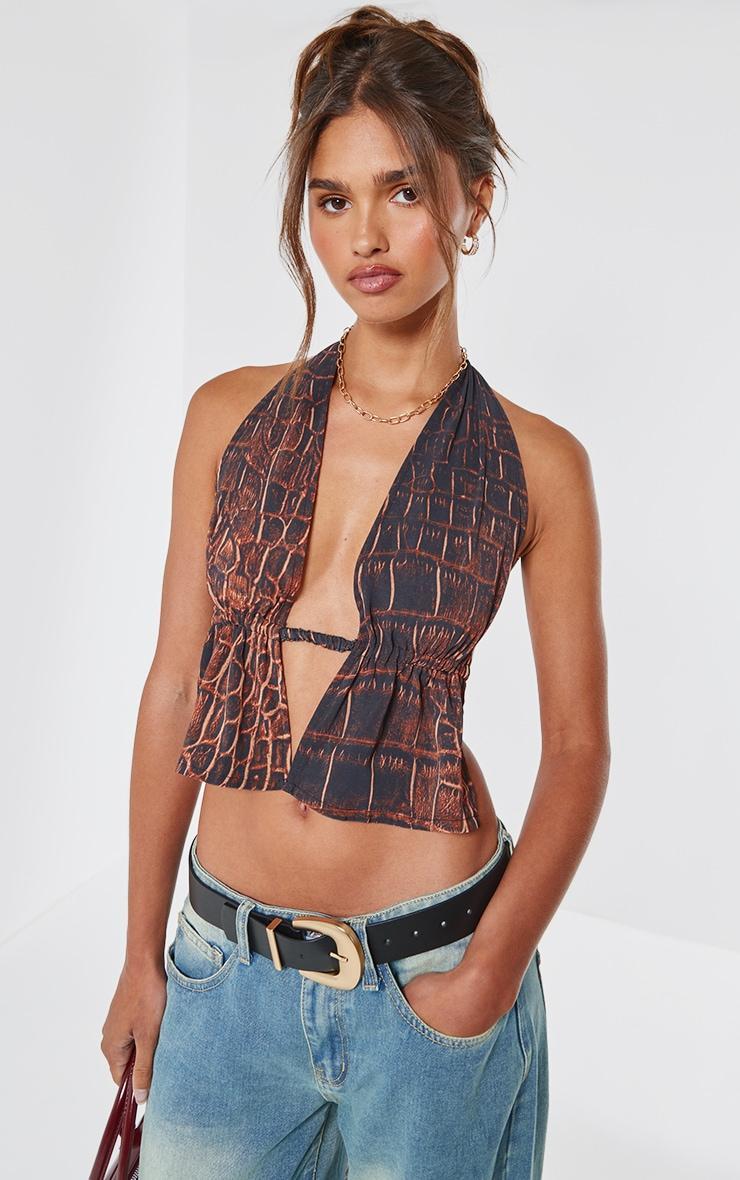 Brown Chiffon Printed Plunge Backless Long Top product image