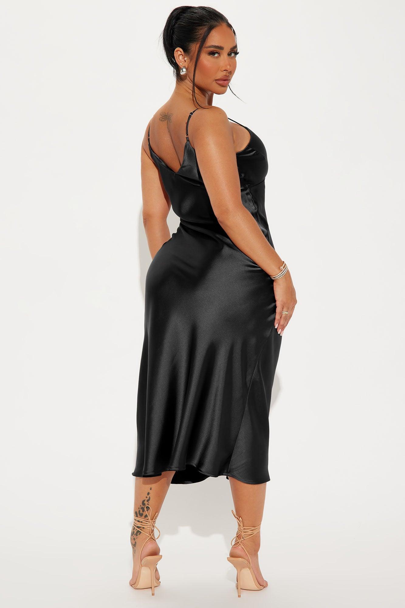 Draped in Satin Midi Dress - Black Product Image