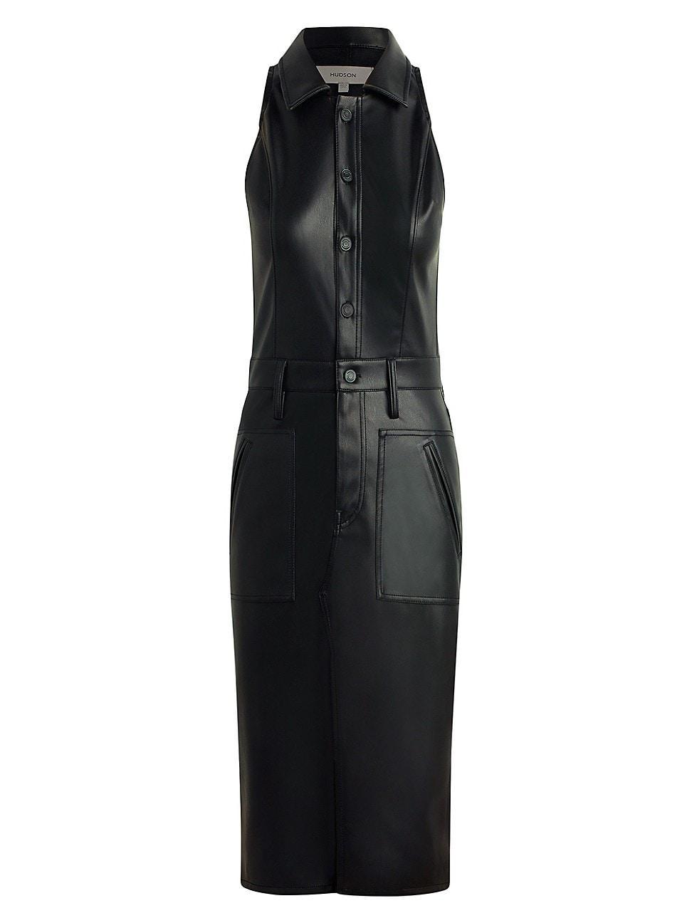 Womens Vegan Leather Halter Utility Midi-Dress Product Image