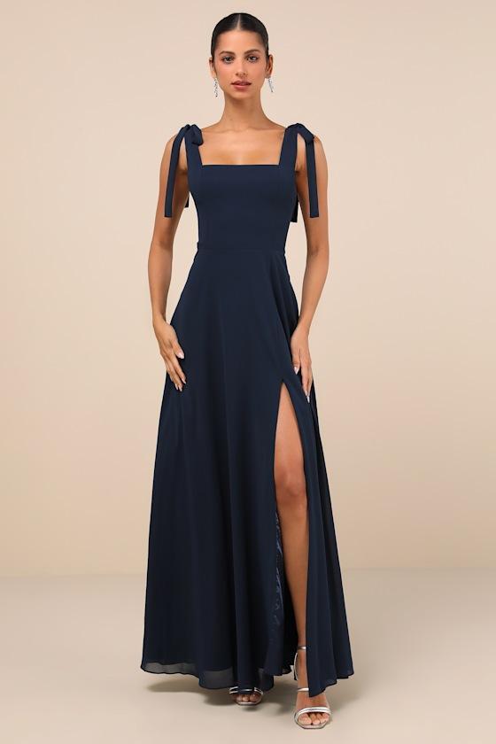 Love Me Forever Navy Blue Tie-Strap Square Neck Maxi Dress Product Image