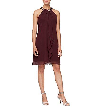 Ignite Evenings Beaded Braid Sleeveless Halter Neck Chiffon Ruffle Front Dress Product Image