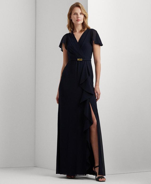 Lauren Ralph Lauren Womens Belted Flutter-Sleeve Gown Product Image