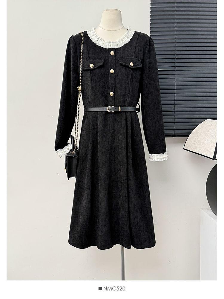 Corduroy Round Neck Dress With Belt Product Image