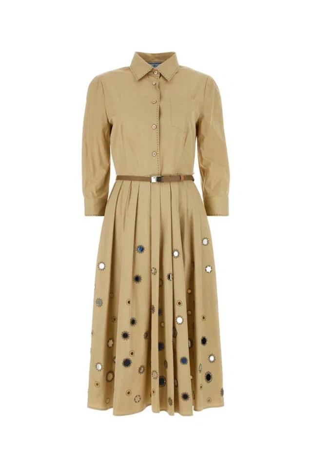 Long-sleeved Belted Dress In Beige Product Image