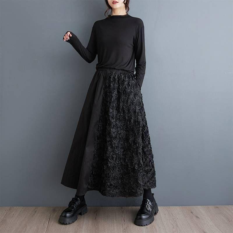 Elastic Waist Plain Midi A-Line Skirt Product Image