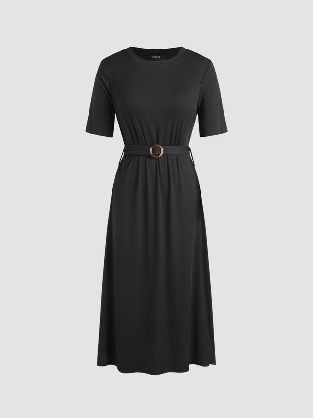 Solid Belted Knitted Midi Dress Product Image