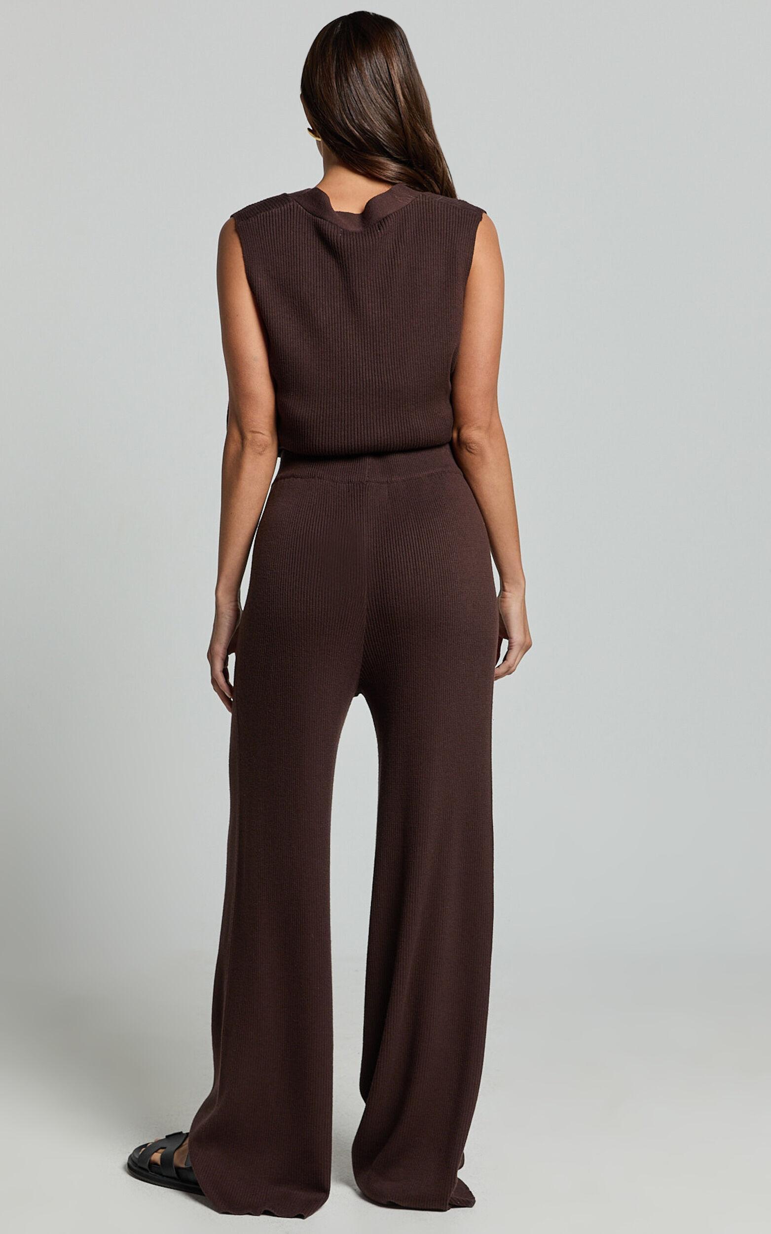 Sasha Pants - Knitted High Waist Wide Leg Pants in Chocolate Product Image