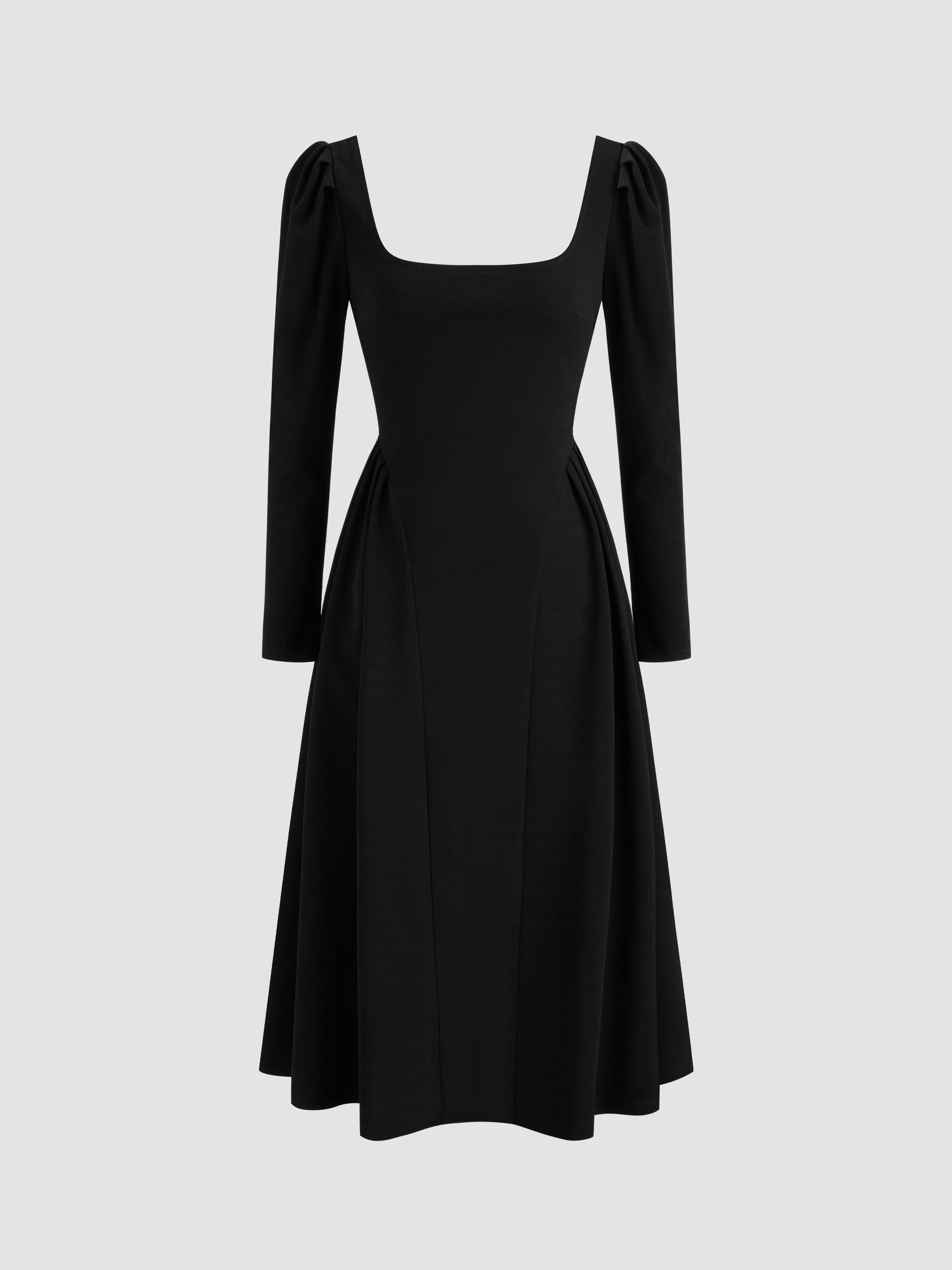 Square Neck Solid Ruffle Zipper Long Sleeve Midi Dress Product Image