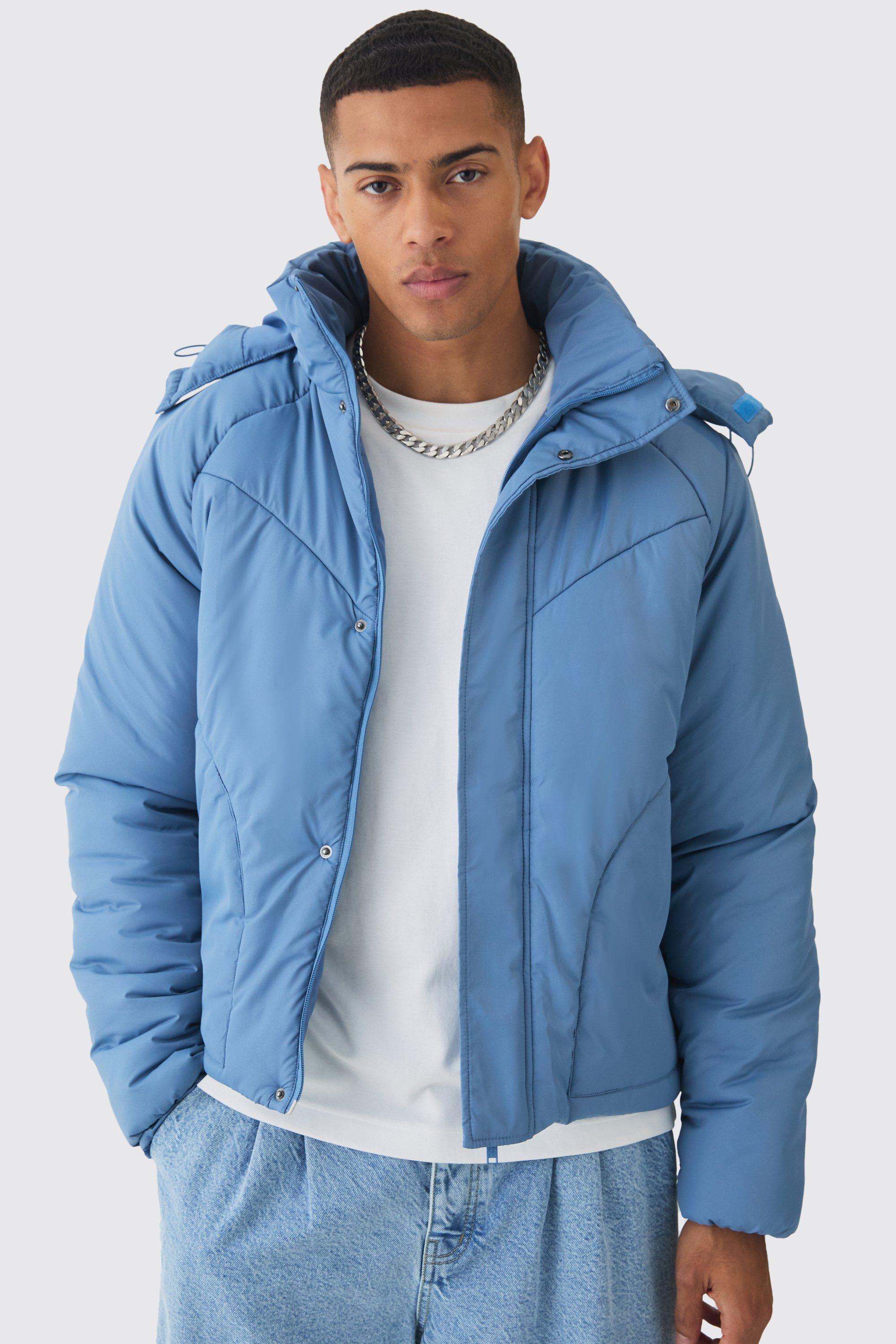 Boxy Quilted Hooded Puffer Coat In Blue | boohooMAN USA Product Image