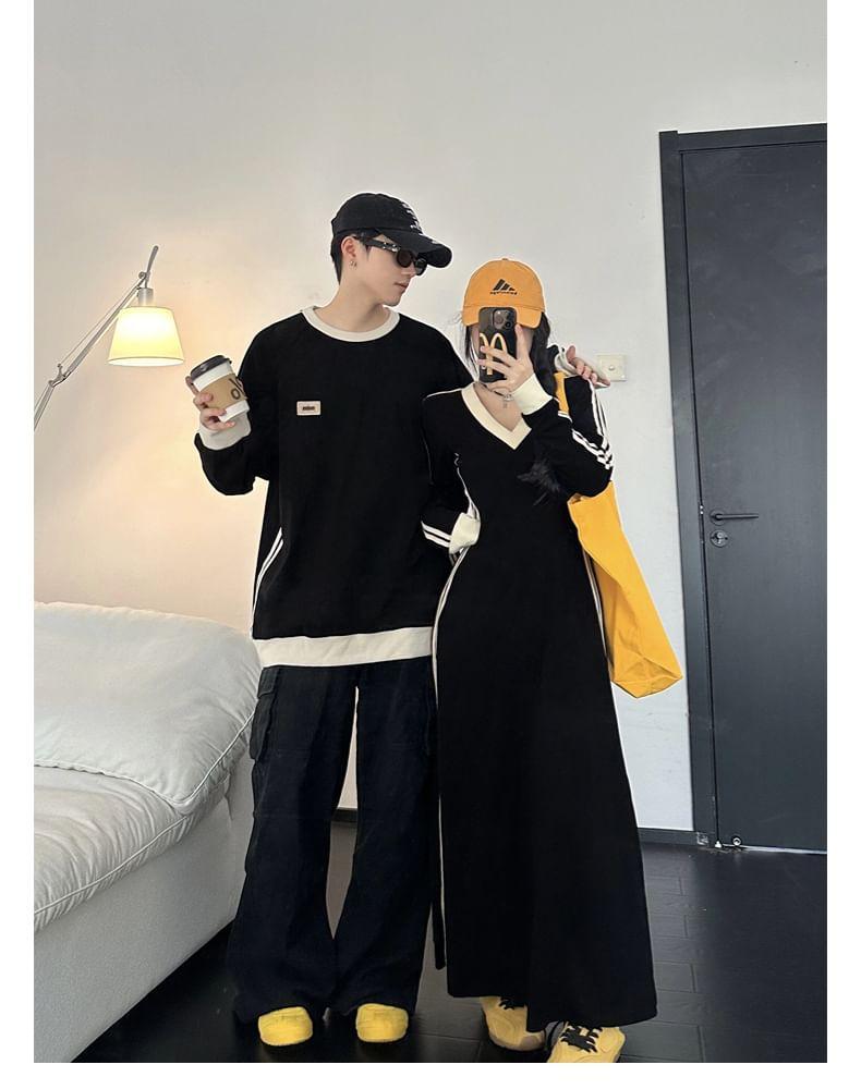 Couple Matching Crew Neck Striped Oversized Sweatshirt / Long-Sleeve V-Neck Maxi Sweatshirt Dress Product Image