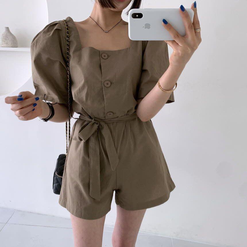 Short-Sleeve Square Neck Plain Romper Product Image