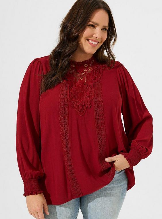 Washable Crinkle Gauze Crochet Yoke Blouson Sleeve Top Product Image