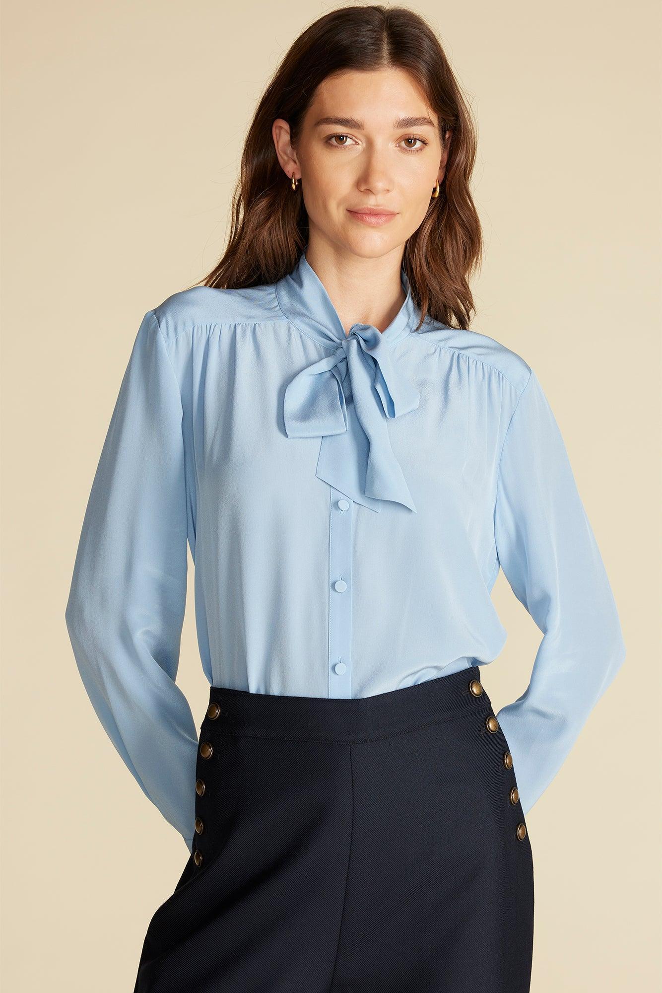 Milla Washable Silk Bow Blouse - Sky Blue product image