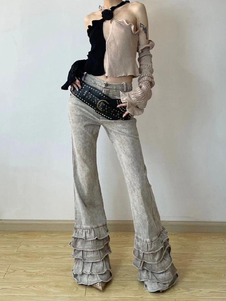 Low Waist Washed Ruffle Flared Jeans Product Image