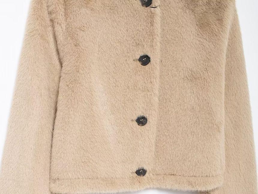 Round Neck Plain Fluffy Crop Button Jacket Product Image