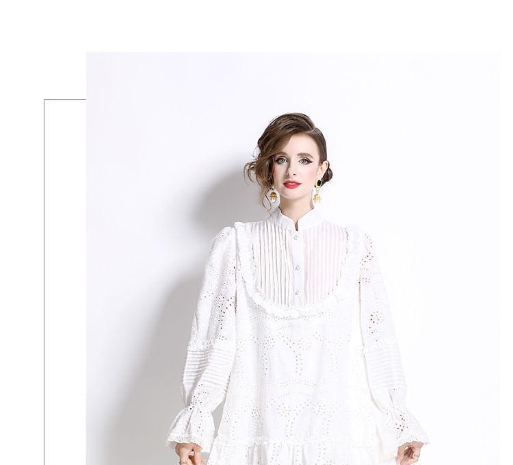 Long Sleeve Stand Collar Plain Embroidered Eyelet Ruffle Button Midi A-Line Dress Product Image