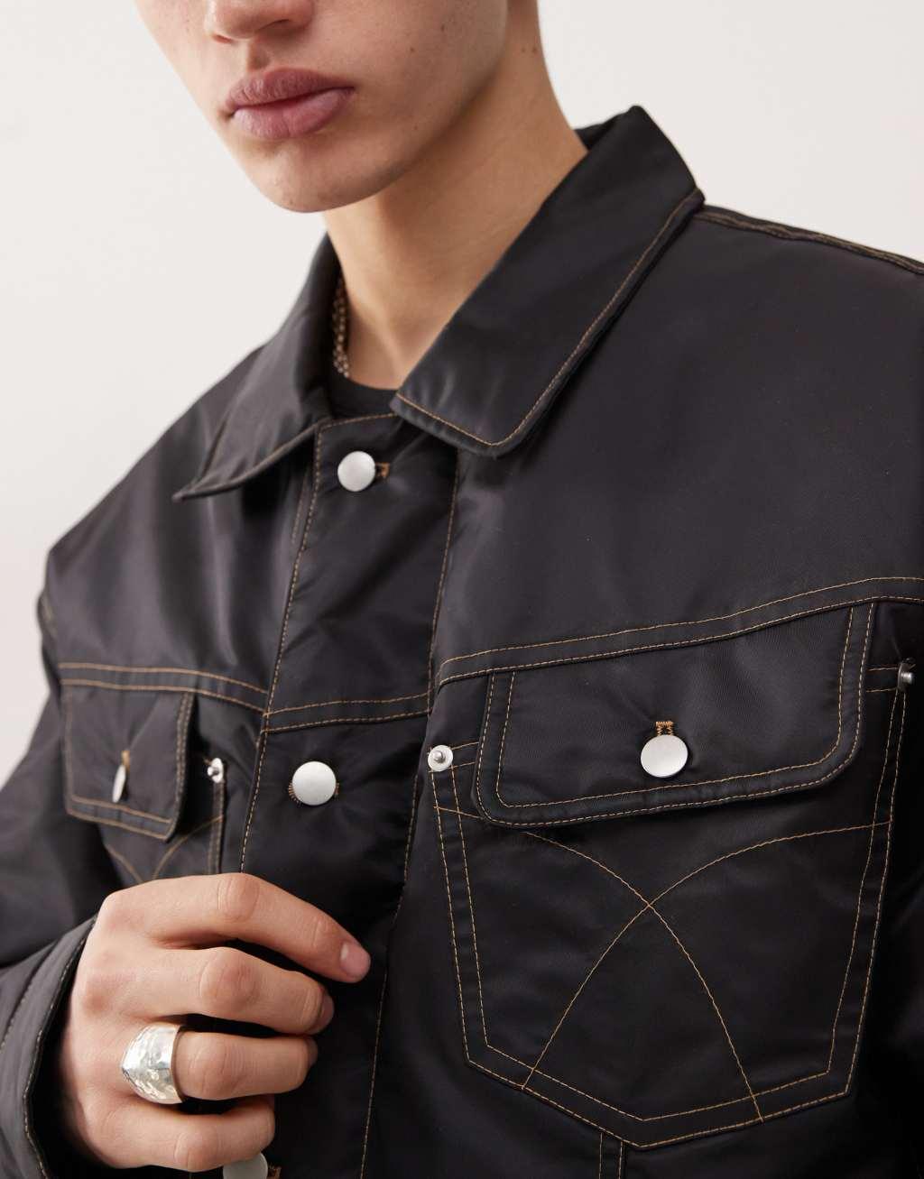 COLLUSION contrast stitch bomber jacket in black Product Image