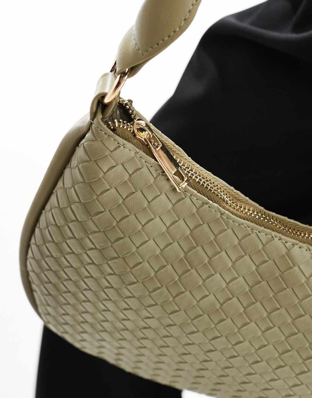 Glamorous woven detail crescent shoulder bag in olive green  Product Image